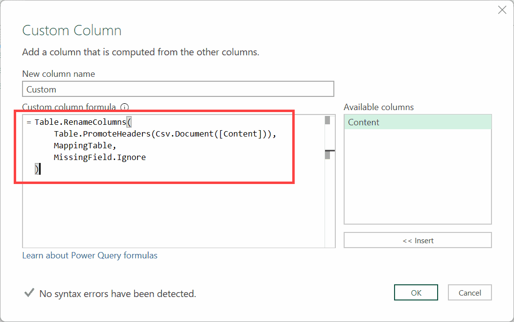 Custom formula to rename columns