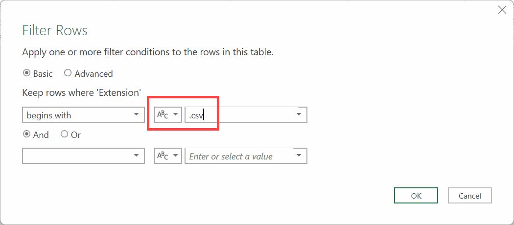 Enter the begins with criteria in the filter rows dialog box