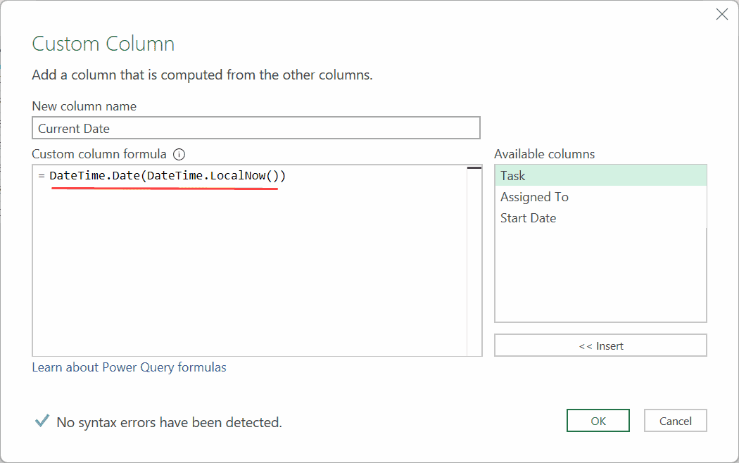 Enter the formula in the custom column dialog box
