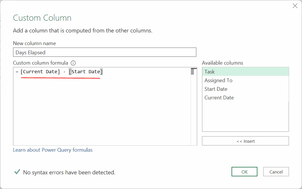 Formula to get days elapsed