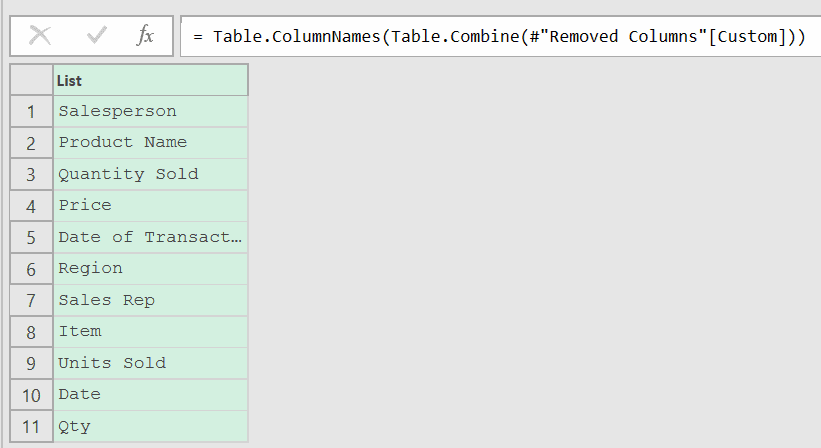 List of all column names