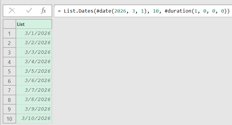 List of dates betweeb two dates