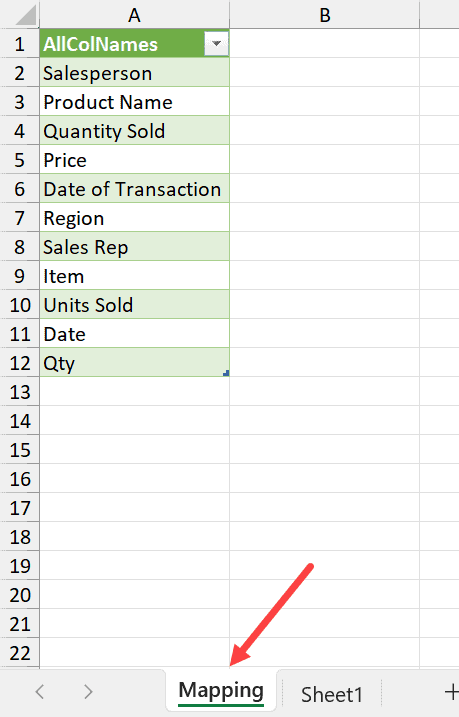 Rename the sheet to mapping