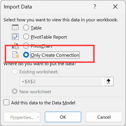 Select only Create Connection in Power Query
