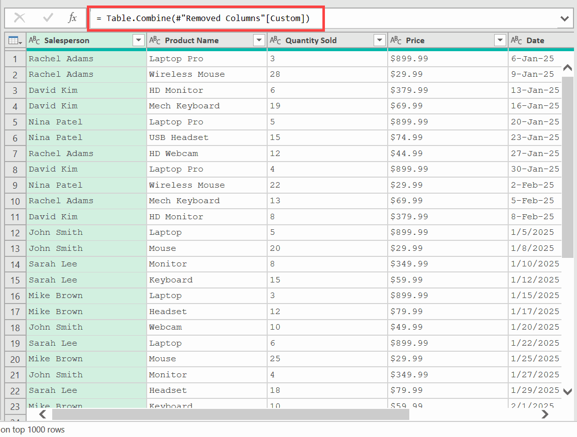 Table combine formula to combine all the CSV files