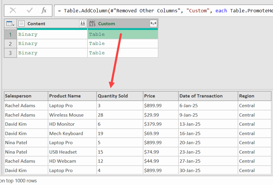 Table with promoted header power query