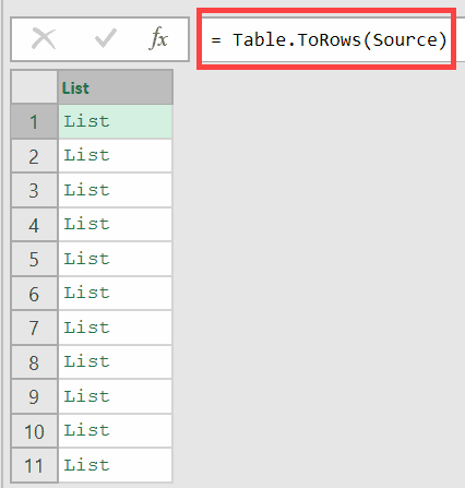 Use the table torows formula in the formula bar
