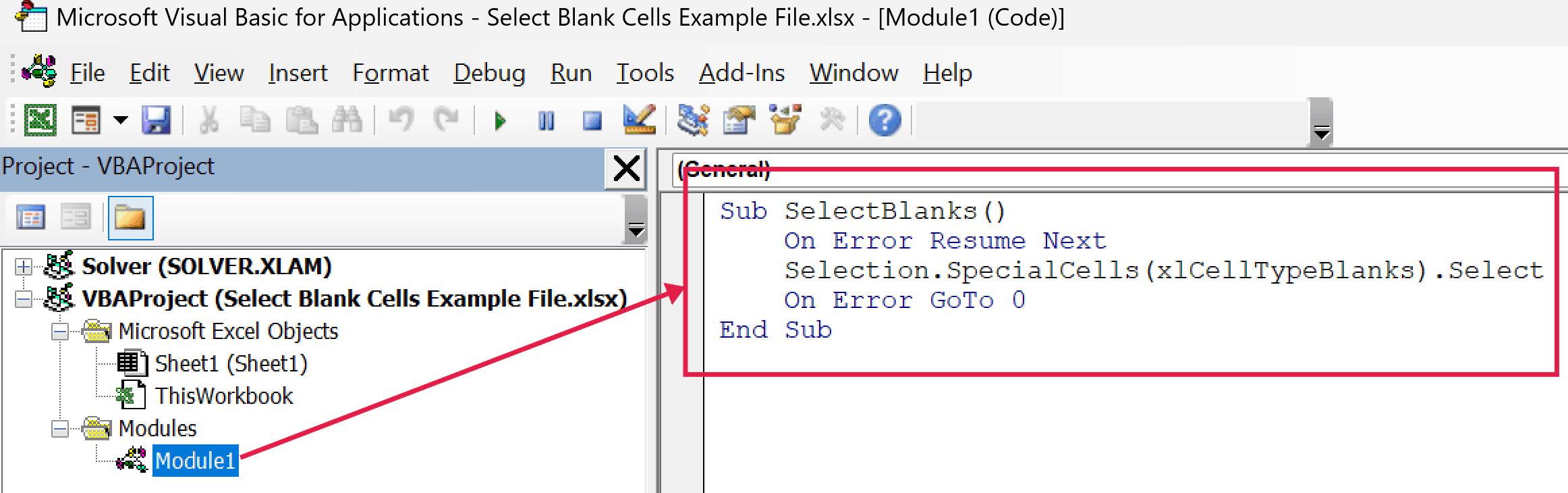 VBA editor showing the SelectBlanks macro code inside Module1 to select blank cells in Excel