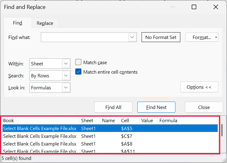 Excel Find and Replace dialog box showing a list of empty cells with their addresses highlighted in a red box