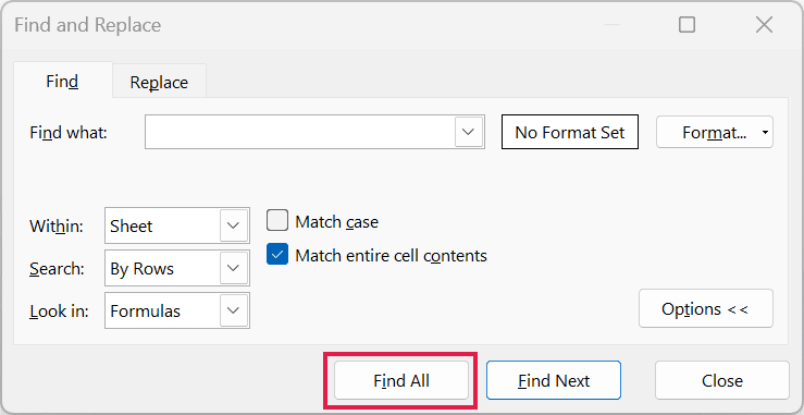 Excel Find and Replace dialog box with a red border highlighting the Find All button to click