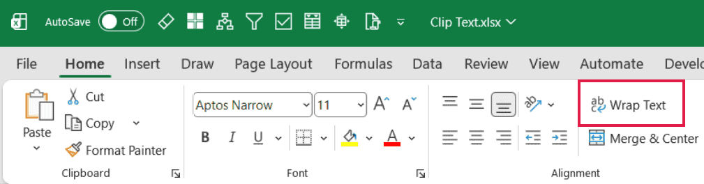 Excel Home ribbon with a red box highlighting the Wrap Text button in the Alignment group