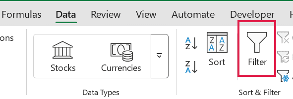 Excel Data tab ribbon showing the Sort & Filter group with the Filter icon highlighted by a red box