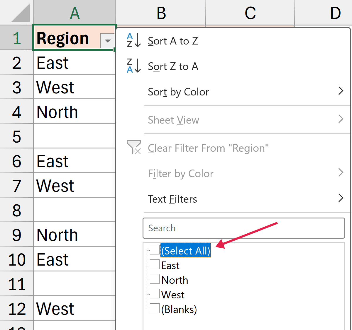 Excel filter menu showing a red arrow pointing to the Select All checkbox option