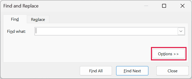 Click the Options button in the Find and Replace dialog box to expand search settings