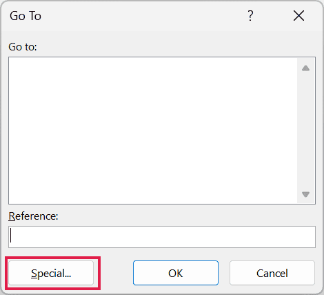 Excel Go To dialog box with the Special button highlighted for selection