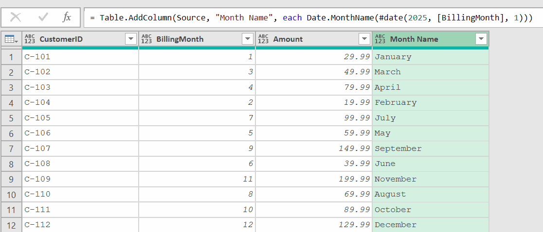 Formula to add a column and convert month number to month name