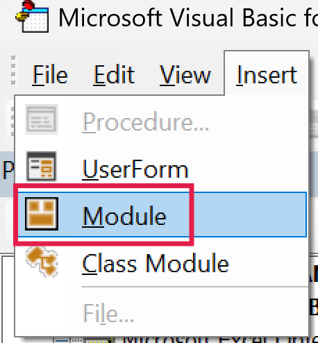 Insert menu in Microsoft Visual Basic editor with the Module option highlighted by a red box