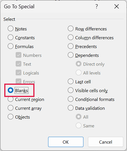 Go To Special dialog box in Excel with the Blanks option selected and highlighted by a red box