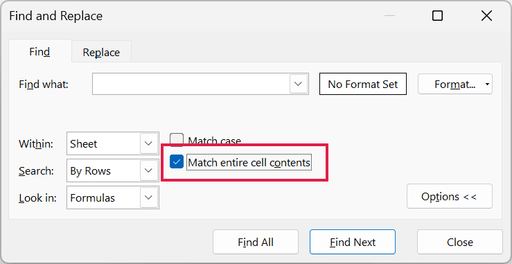 Excel Find and Replace dialog box with the Match entire cell contents checkbox selected and highlighted in red