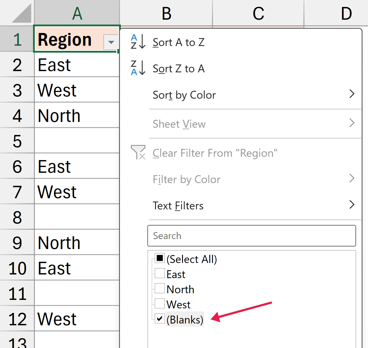 Excel filter menu showing the Blanks option checked to isolate empty cells in the Region column