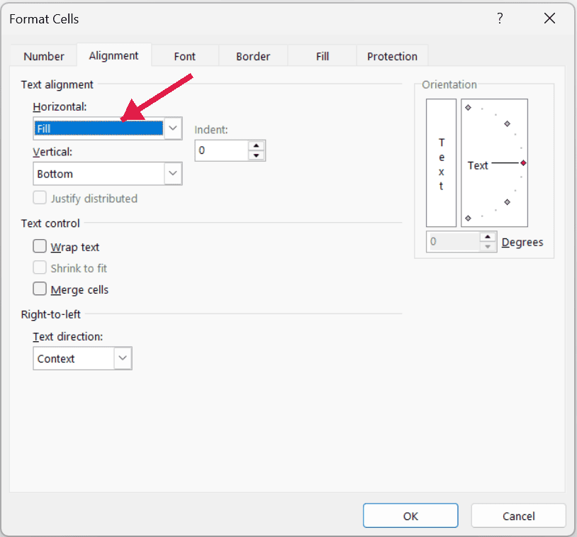Format Cells dialog showing the Alignment tab with a red arrow pointing to the Fill option in the Horizontal dropdown