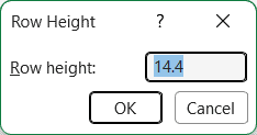 Excel Row Height dialog box with 14.4 entered in the input field and OK and Cancel buttons