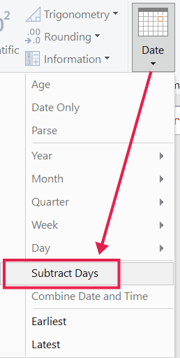 Date dropdown in the Power Query Add Column tab with the Subtract Days option highlighted