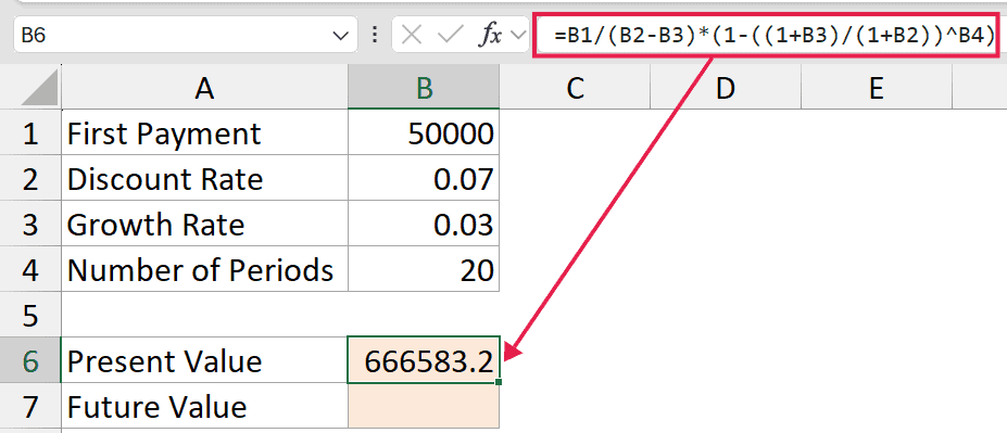 Excel formula for present value of a growing annuity applied to cell B6 using variables in cells B1 through B4