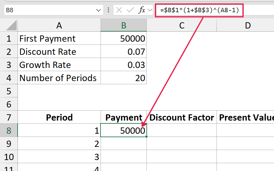 Excel formula in the formula bar pointing to the payment value in cell B8