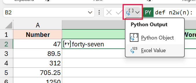 Excel formula bar showing Python Output dropdown menu with options to select Python Object or Excel Value