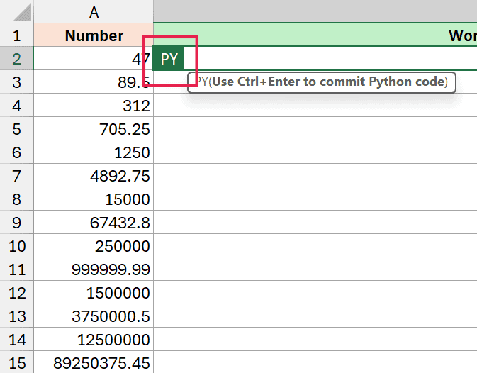 Excel cell showing PY Python formula mode with tooltip to use Ctrl+Enter to commit code
