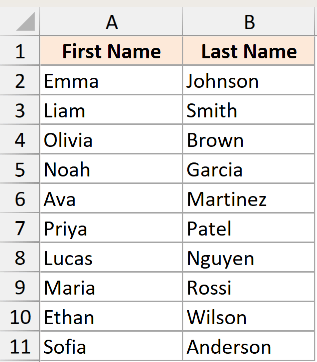Excel table with First Name in column A and Last Name in column B, ready to be combined in Power Query
