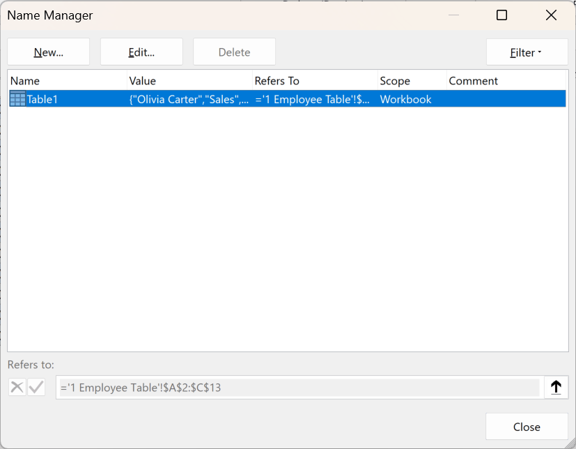 Name Manager dialog box displaying Table1 with its value, reference range, and workbook scope highlighted