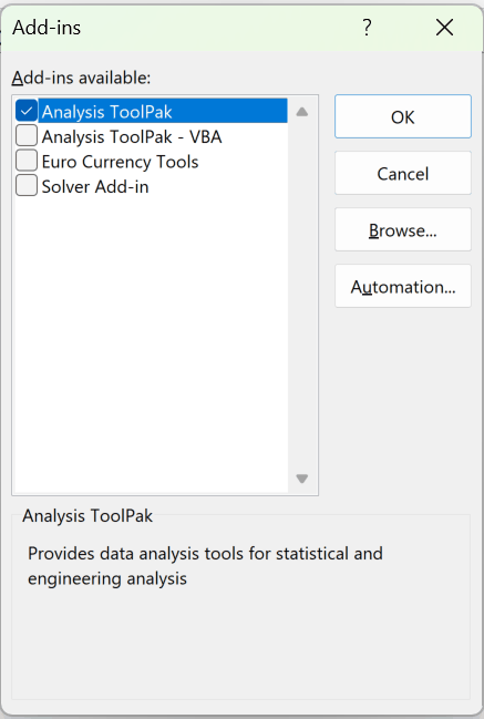 Add-ins dialog box with the Analysis ToolPak option checked and selected in the list of available add-ins