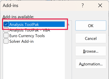Excel Add-ins dialog box with a red box highlighting the checked Analysis ToolPak option