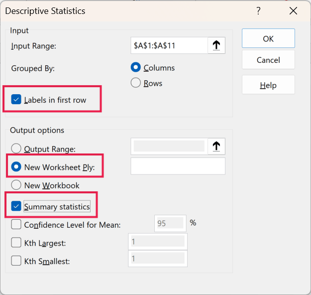 Descriptive Statistics dialog with Labels in first row, New Worksheet Ply, and Summary statistics options highlighted