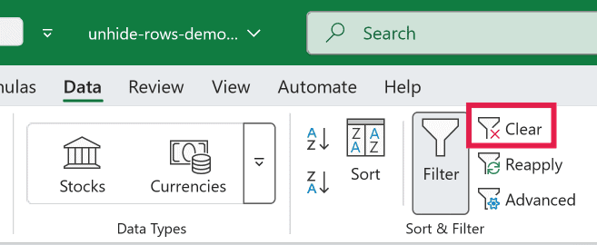 Excel Data tab showing the Sort & Filter group with the Clear button highlighted by a red box