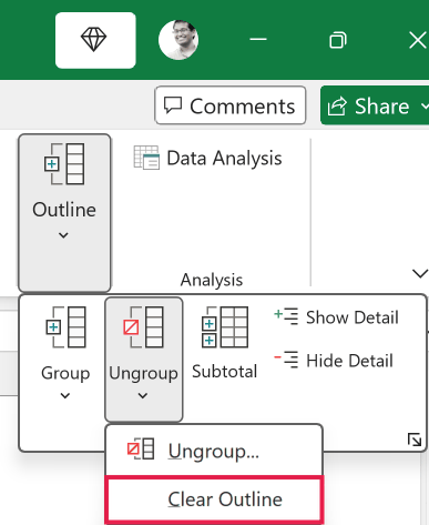 Excel ribbon menu showing the Outline dropdown with the Clear Outline option highlighted in a red box