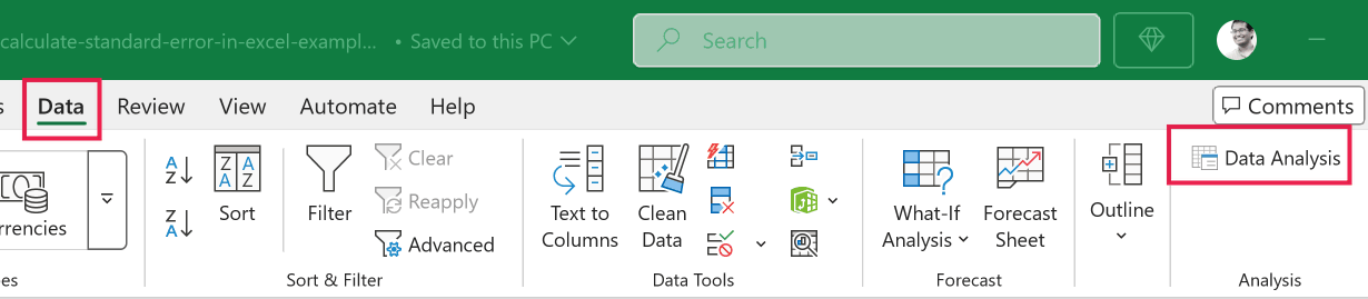 Excel ribbon with the Data tab selected and a red box highlighting the Data Analysis button in the Analysis group