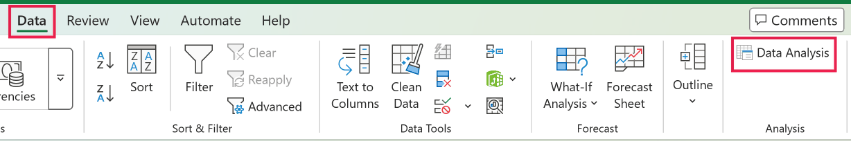 Excel ribbon showing the Data tab selected and a red box highlighting the Data Analysis button in the Analysis group