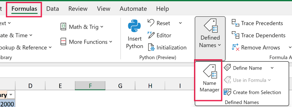 Excel ribbon with the Formulas tab selected and the Name Manager button highlighted in the Defined Names group