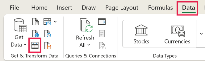 Excel Data tab ribbon with the From Table/Range icon highlighted in the Get & Transform Data group