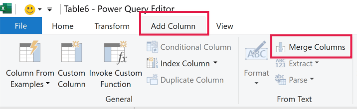 Power Query Editor ribbon with Add Column tab and Merge Columns button highlighted in red boxes