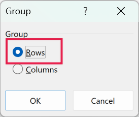Group dialog box with the Rows radio button selected and highlighted by a red border