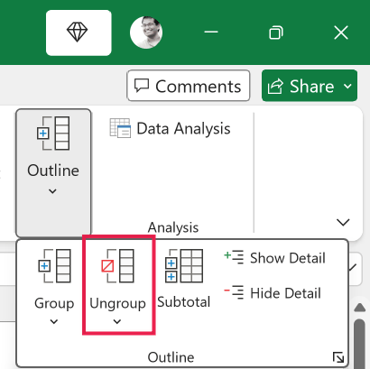 Excel ribbon menu with the Ungroup option highlighted by a red box within the Outline group dropdown