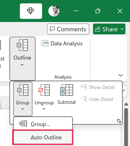 Excel ribbon showing the Outline menu expanded with the Auto Outline option highlighted in a red box
