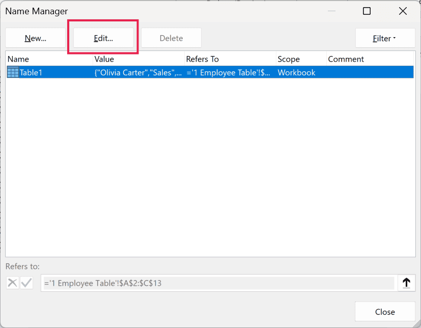 Name Manager dialog box with the Edit button highlighted by a red border