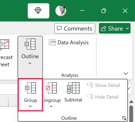 Excel ribbon menu showing the Outline dropdown with the Group icon highlighted by a red box