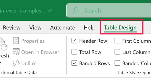 Excel ribbon with the Table Design tab highlighted by a red box to indicate selection
