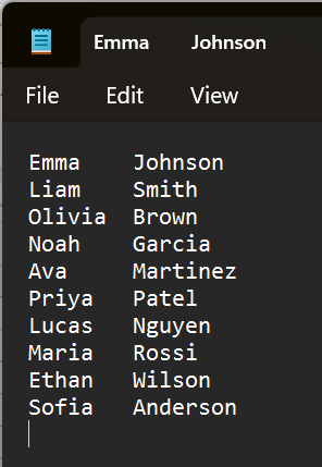 Two columns of names pasted into a Notepad text file with first names on the left and last names on the right